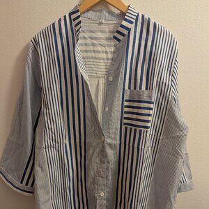 100% cotton blue and white striped button blouse, split neckline, 2X / oversized